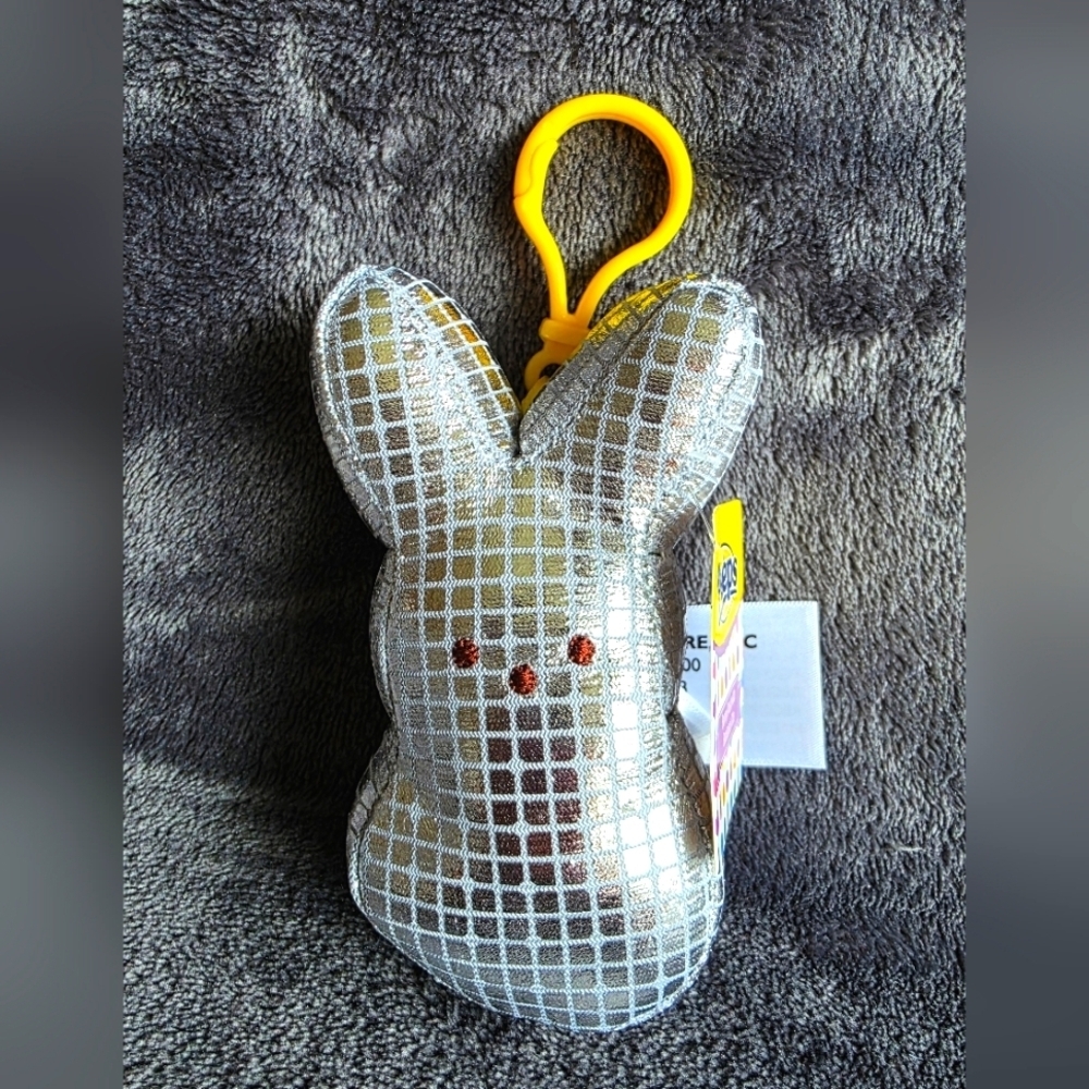 New Peeps Easter Disco Bunny Plush silver Backpack Clip, 5.5"